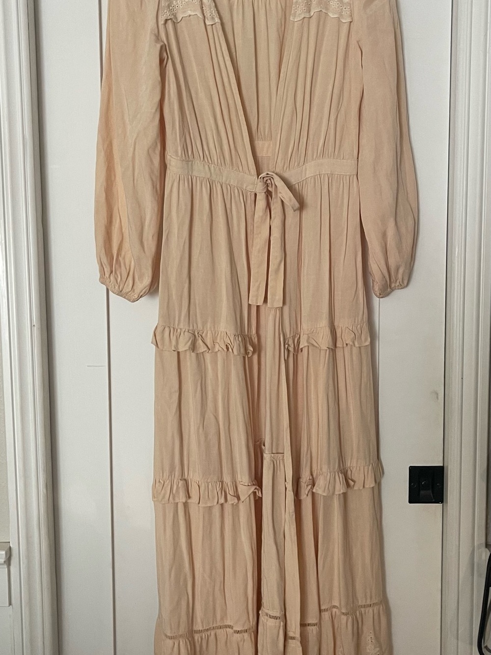 Lovestitch Women's Open Long Beige Ruffle Maxi with Tie Waist